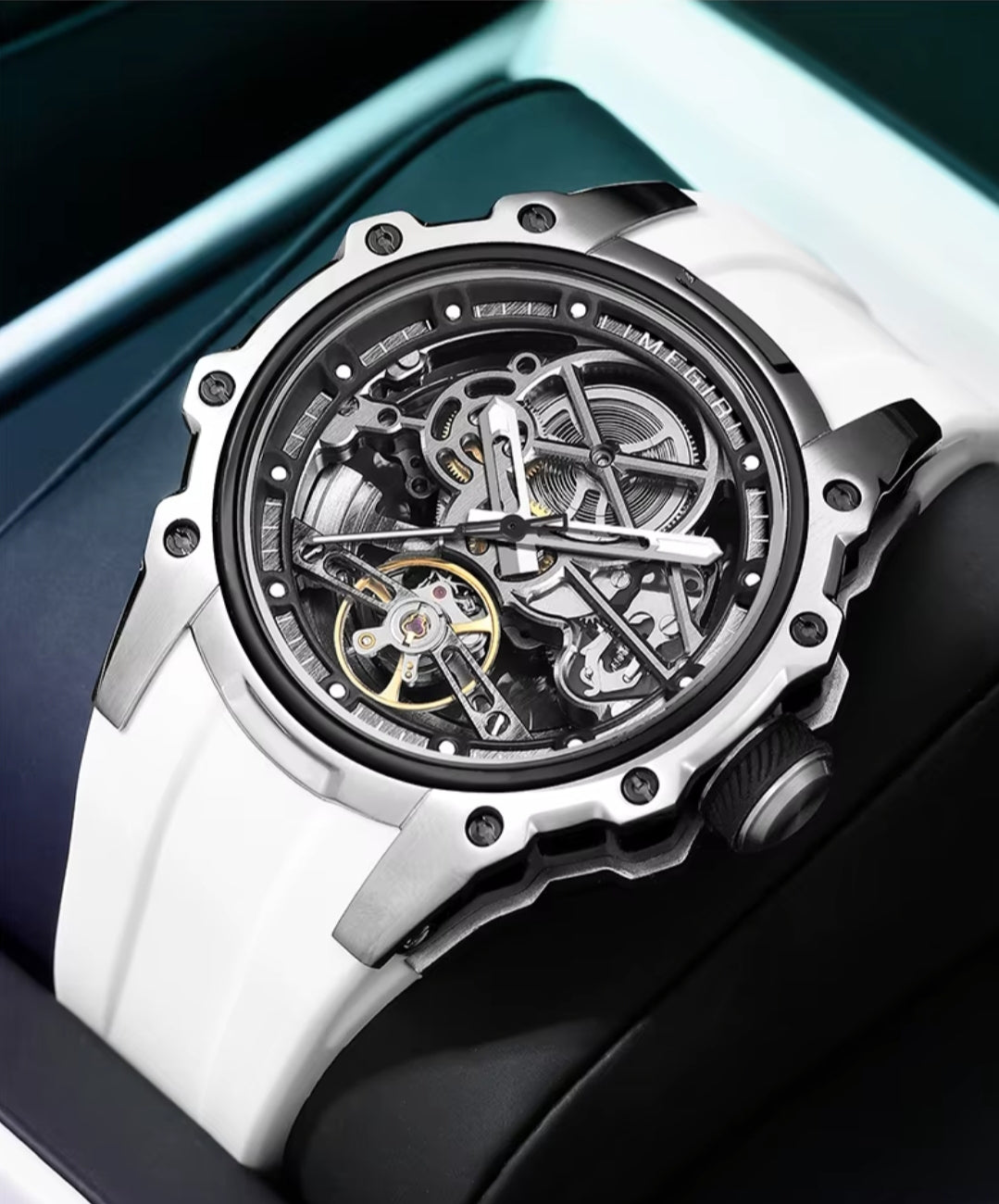 MEGIR Men's Skeleton Automatic Watch Stainless Steel Silver White