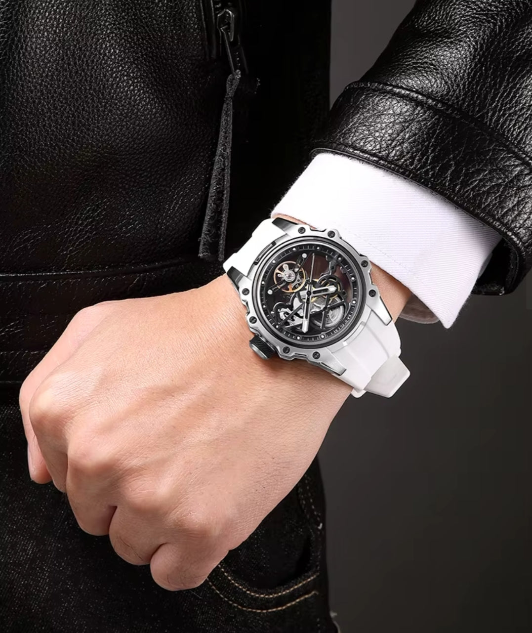 MEGIR Men's Skeleton Automatic Watch Stainless Steel Silver White