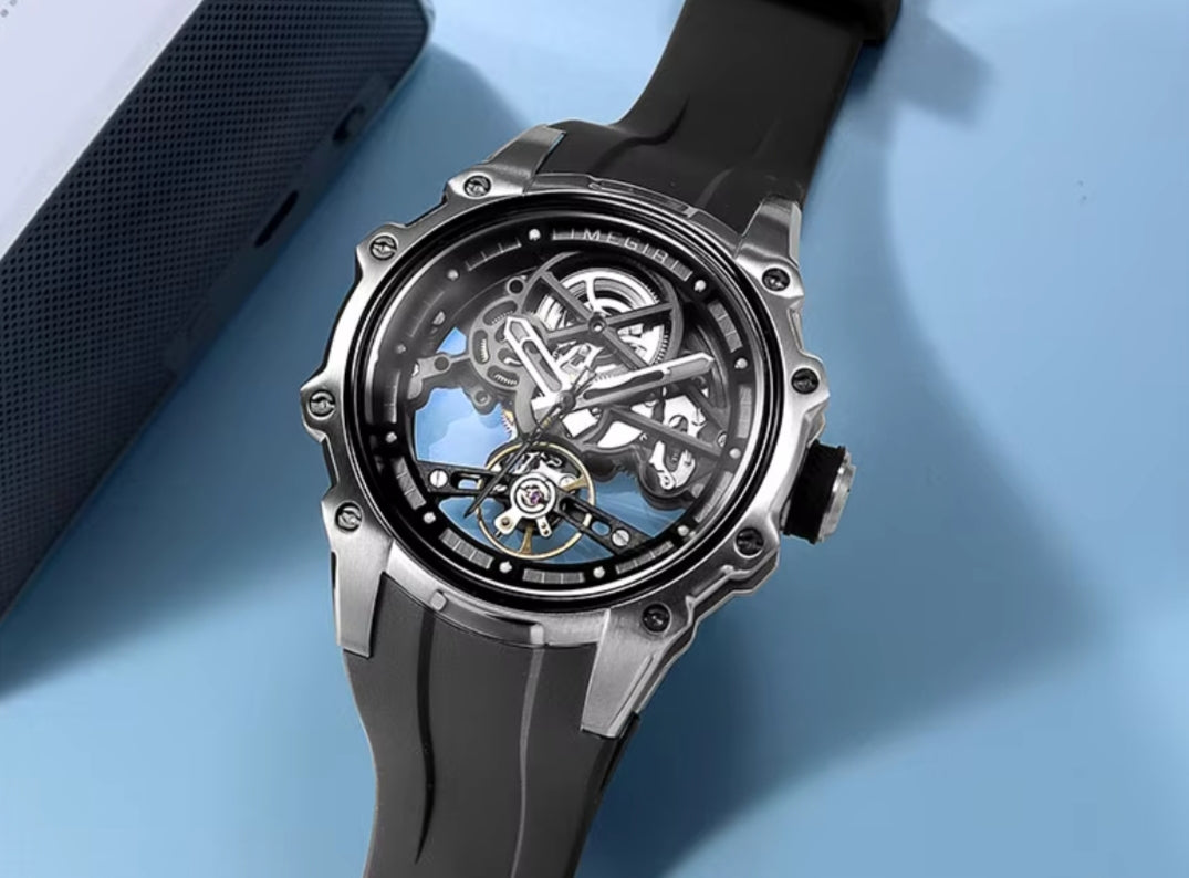 MEGIR Men's Skeleton Automatic Watch Stainless Steel Silver Black