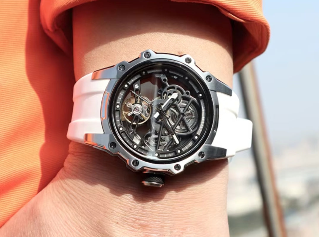 MEGIR Men's Skeleton Automatic Watch Stainless Steel Silver White