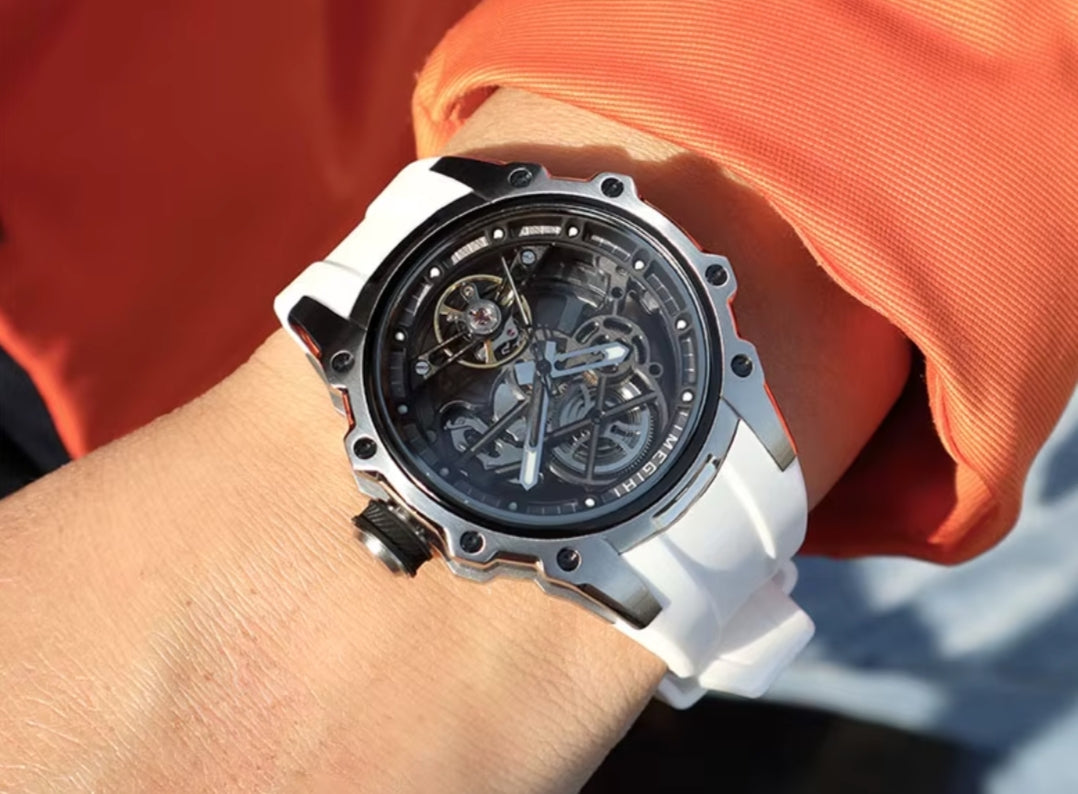 MEGIR Men's Skeleton Automatic Watch Stainless Steel Silver White