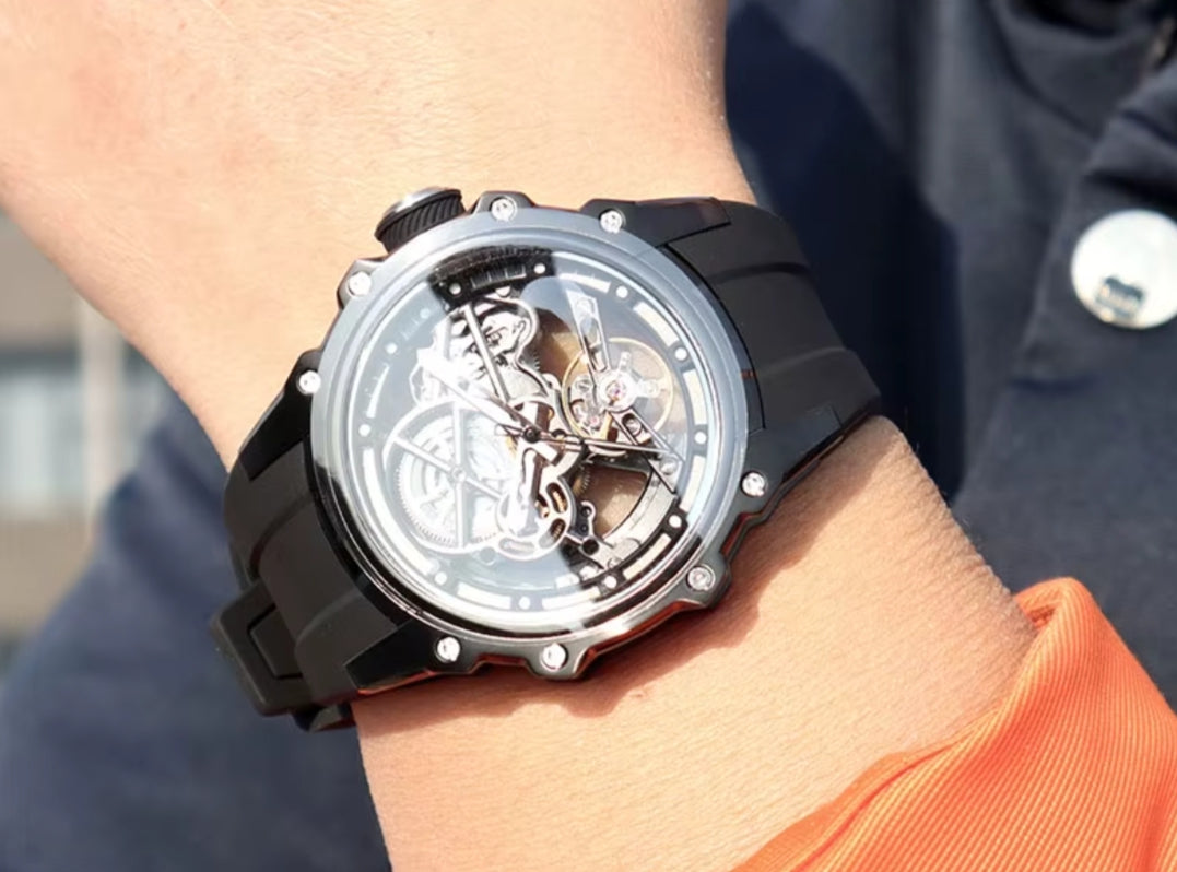 MEGIR Men's Skeleton Automatic Watch Stainless Steel Silver Black