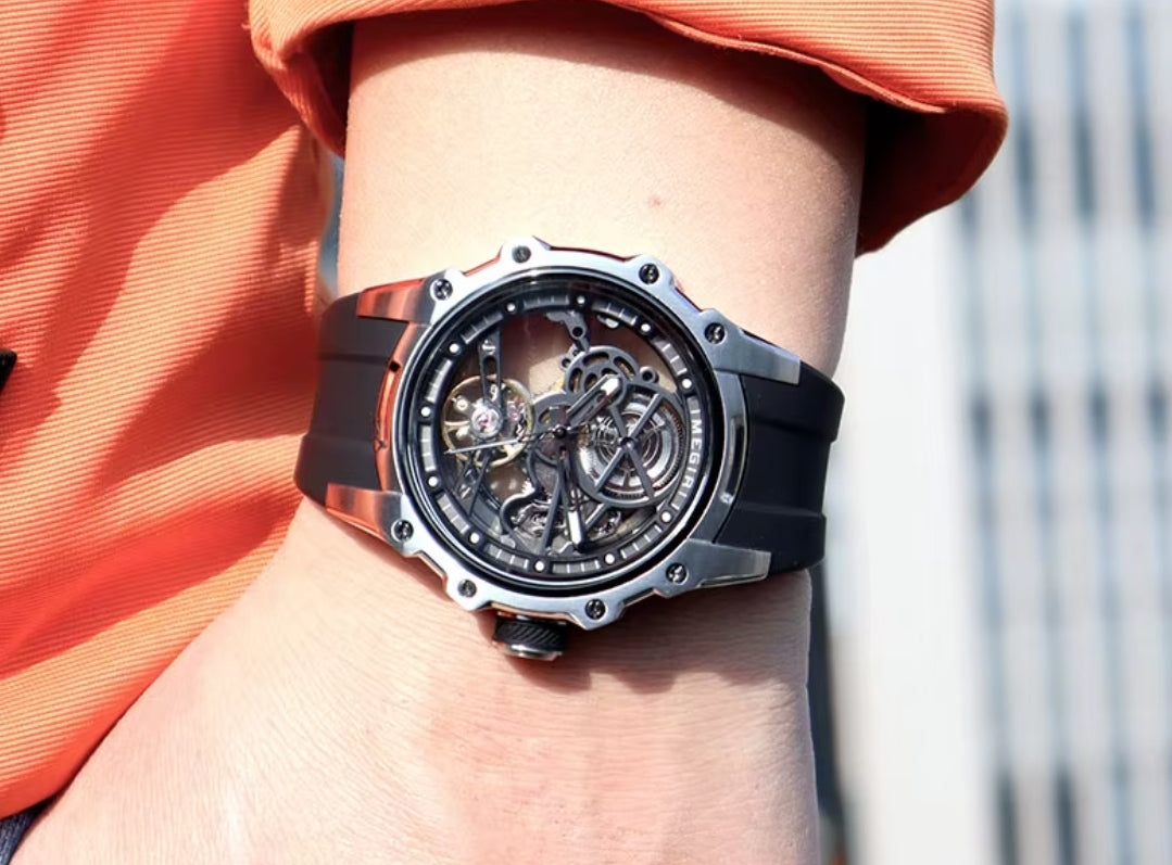 MEGIR Men's Skeleton Automatic Watch Stainless Steel Silver Black