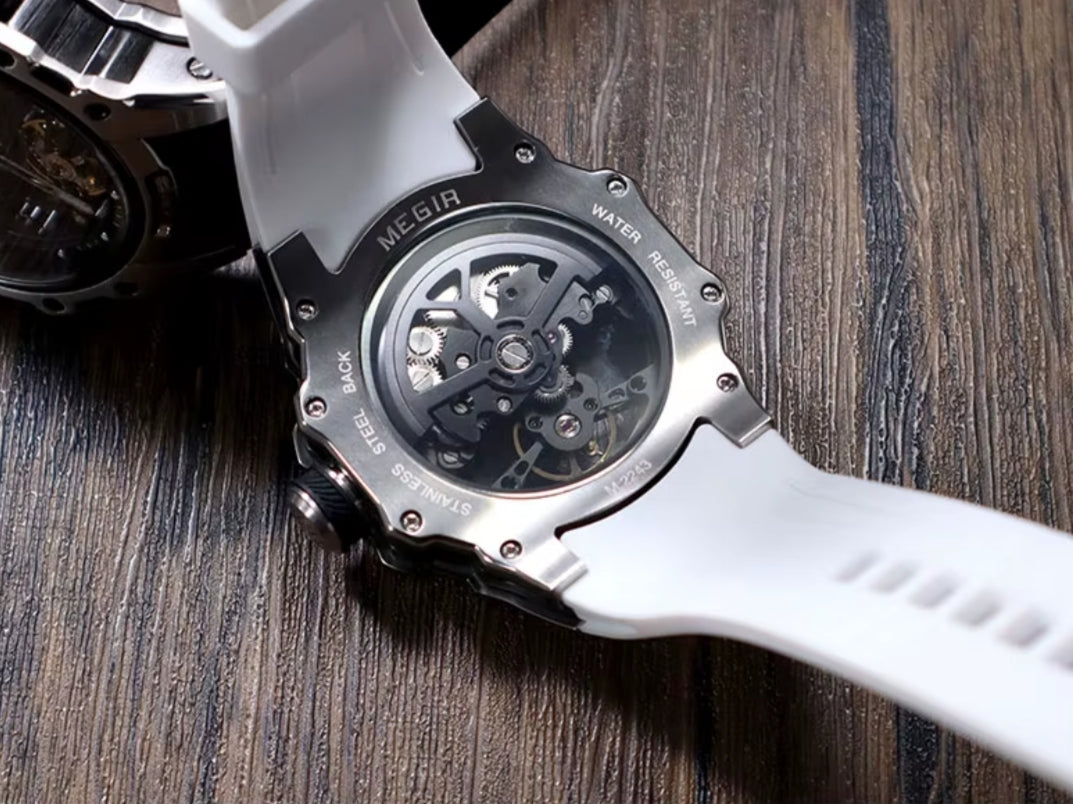 MEGIR Men's Skeleton Automatic Watch Stainless Steel Silver Black
