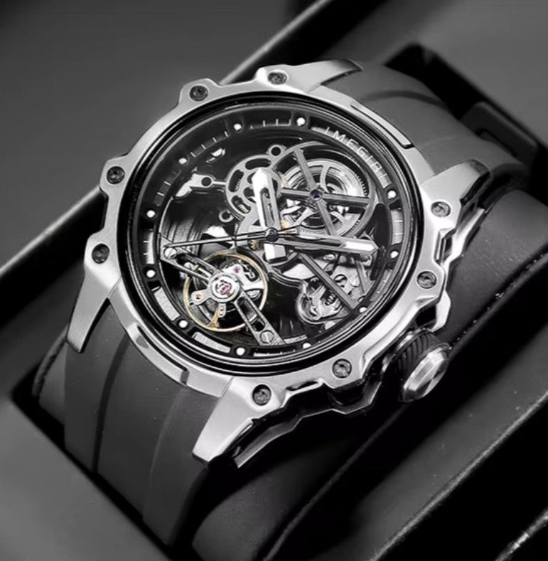 MEGIR Men's Skeleton Automatic Watch Stainless Steel Silver Black