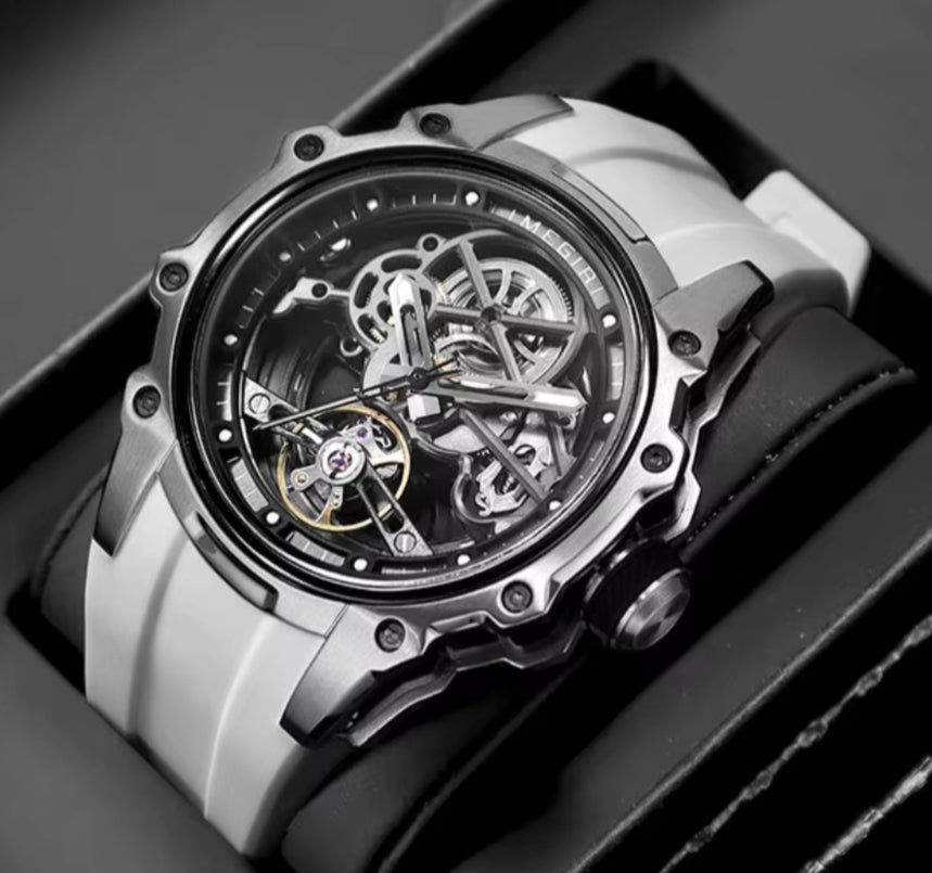 MEGIR Men's Skeleton Automatic Watch Stainless Steel Silver White