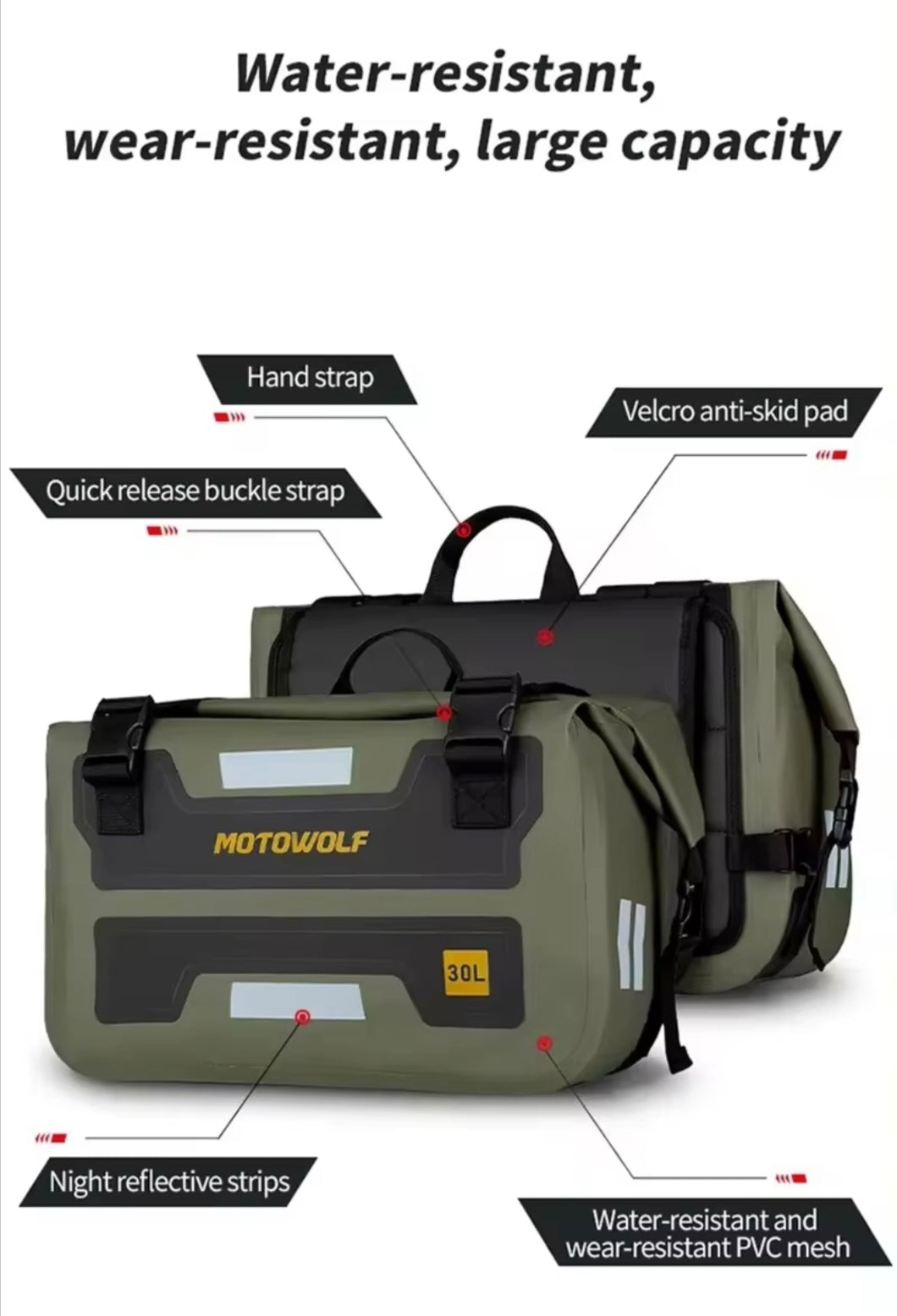 Adventure Touring 60L Waterproof Motorcycle Saddle Bags – Heavy Duty 500D PVC Touring Side Panniers (Set of 2) Green